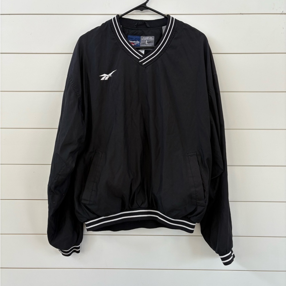 Reebok Black V‑Neck Pullover Windbreaker with White Stripe Trim